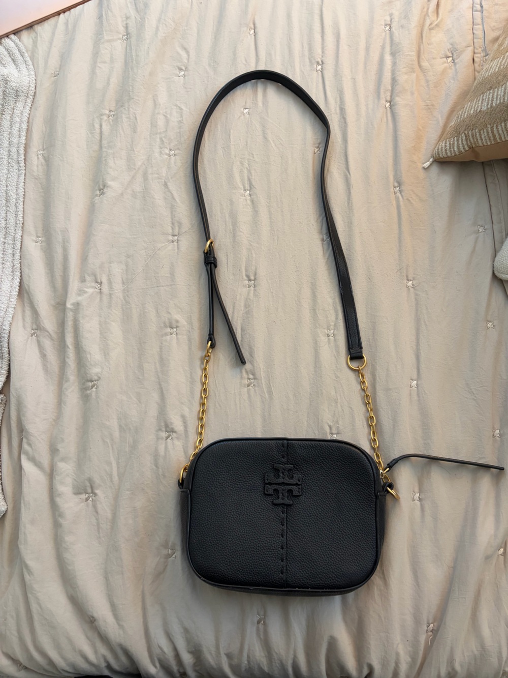 Tory Burch Black Pebbled Leather Crossbody with Gold Chain